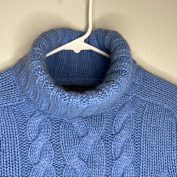 Express Wool Cashmere Angora Turtleneck Sweater Fisherman Blue Sz L Cable Knit - Picture 6 of 9